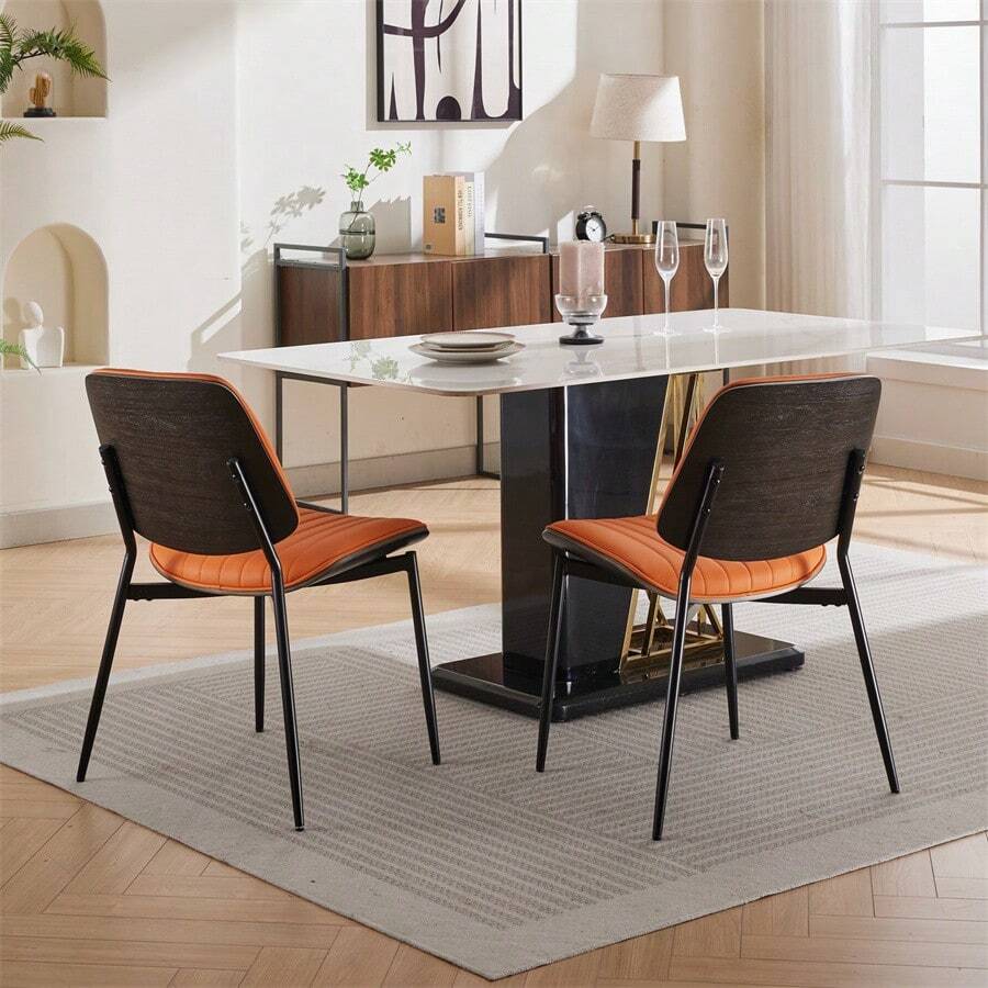 Juego de 2 sillas de comedor A&A Furniture, sillas modernas de mediados de siglo de piel sintética con respaldo de madera curvada de nogal, asiento tapizado, patas de metal, pies ajustables para silla de cocina o comedor (gris/naranja PU)