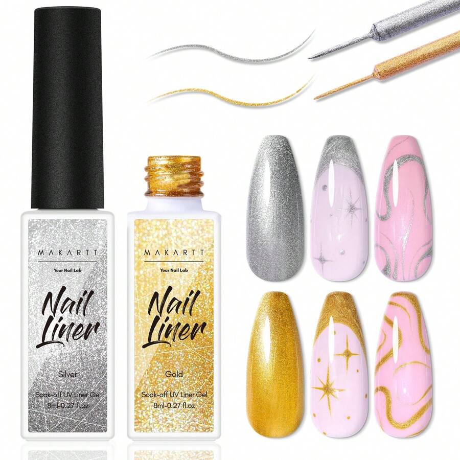 Makartt Painting Nail Gel Liner Polish Set,Glitter Silver Gold Gel Liner Nail Polish Drawing Metallic Nail Gel With Build In Brush Glossy Chrome Gel Soak Off UV/LED Nail Art Manicure Set 2x8ml