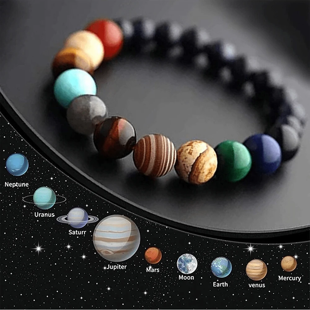 1 pieza Pulsera elástica con piedra natural hecha a mano con patrón de 8 planetas, adecuada para hombres