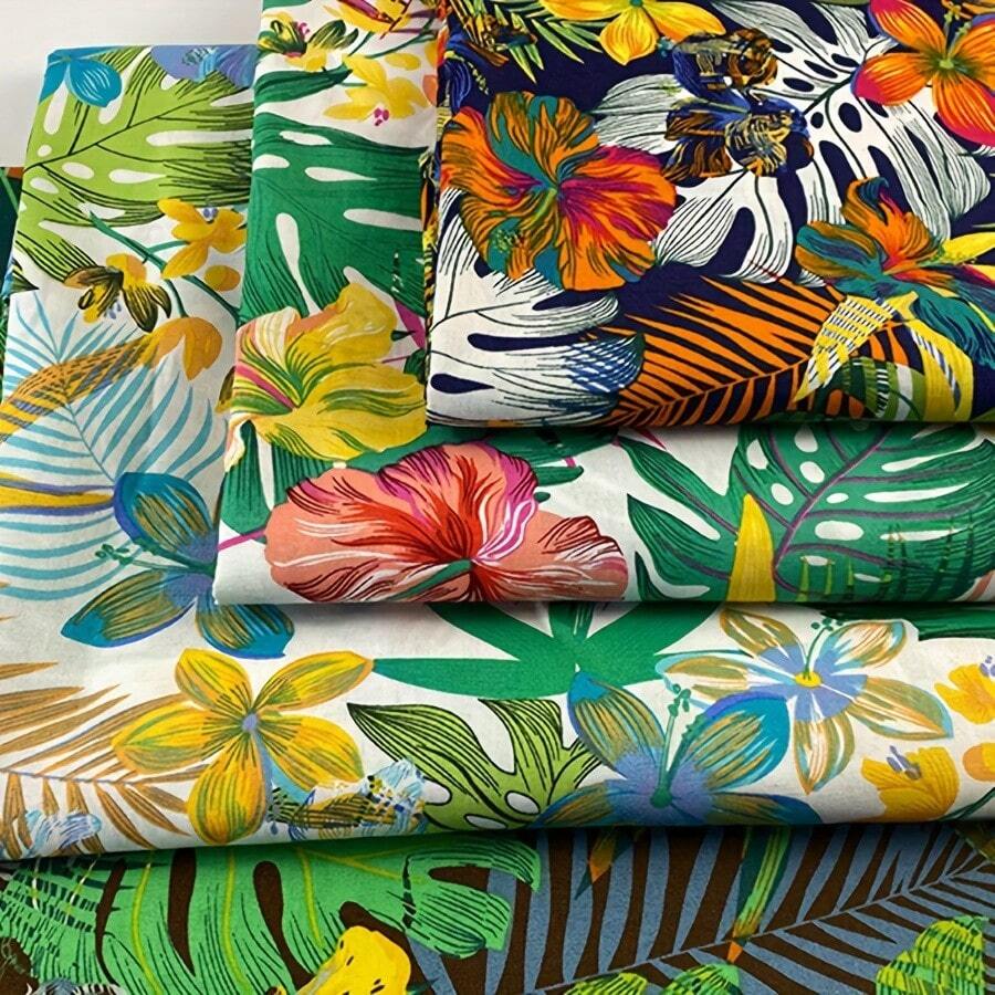 4 Pcs Summer Fabric Bundles Tropical Leaves Flower Hawaiian Quilting Patchwork For DIY Handmade Craft Home Party Decor, 19.6inch X 18.5inch (50cmx47cm)