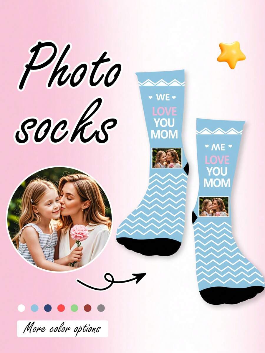 1 Pair Customized Face Print Crew Socks For Women, Put Any Face On Socks, Personalized Photo Socks, Funny Customized Mid-Calf Socks, Perfect For Valentine's Day, Birthday Gifts, Or Other Occasions. Personalized, Fun, Vibrant And Colorful, Creative Anime Cartoon Design, Holiday Gifts, Comfortable And Breathable, Enhancing Family Atmosphere, Fashionable, Suitable For Both Men And Women