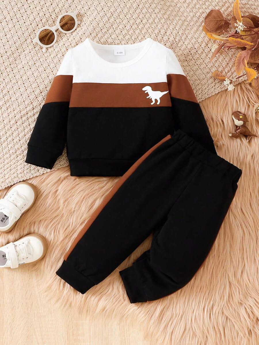 2 pezzi Set maglione a blocchi di colore con motivo a dinosauro e pantaloni per bambini maschi, stile casual scolastico per autunno/inverno