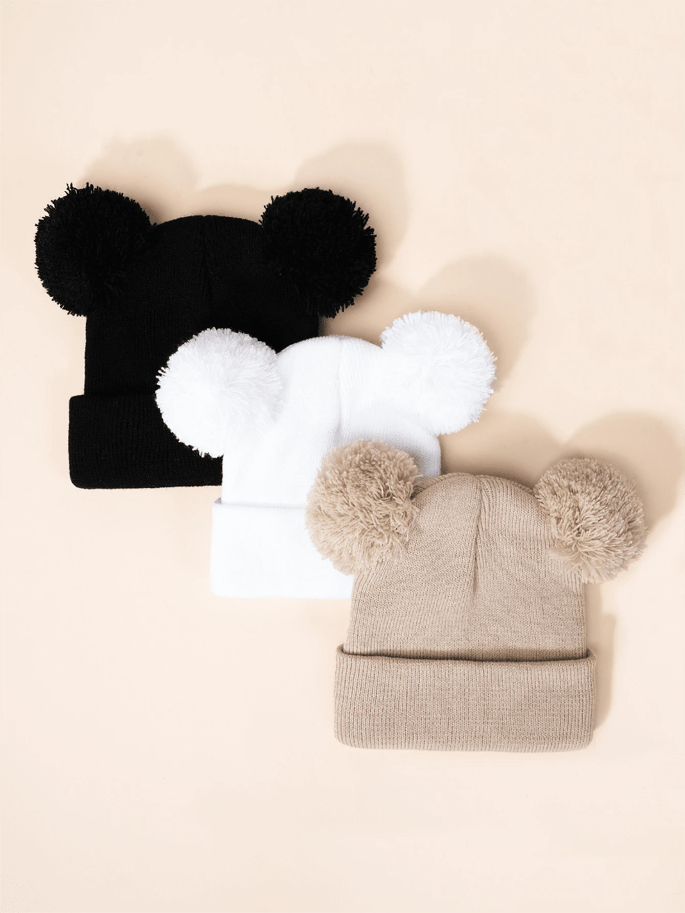 Gorro De Punto Negro, Blanco Y Beige De 3 Piezas Para Bebés, Niños Pequeños Y Niños, Gorro De Invierno Estilo Y2k Con Pompón Doble, Adecuado Para Actividades Al Aire Libre Y Desplazamientos Diarios