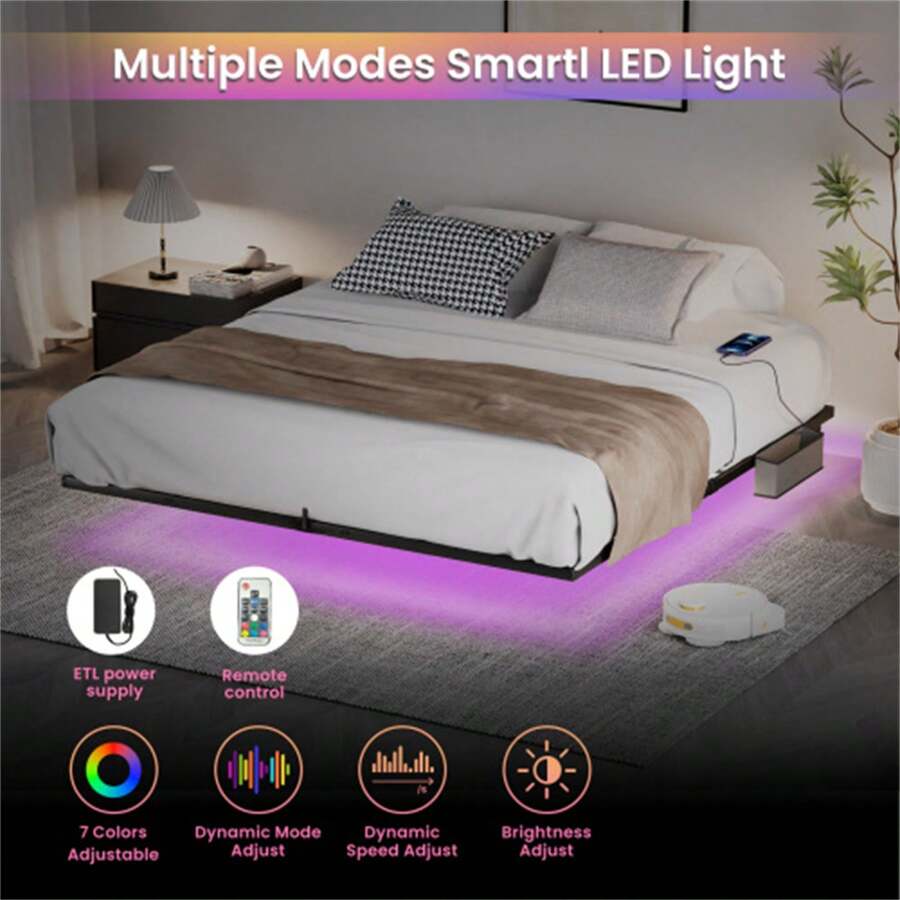 Floating Bed Frame King Size With LED Lights & Charging Station, Metal Platform Queen Bed, 79.9'' L X 76.2'' W X 7.9'' H.