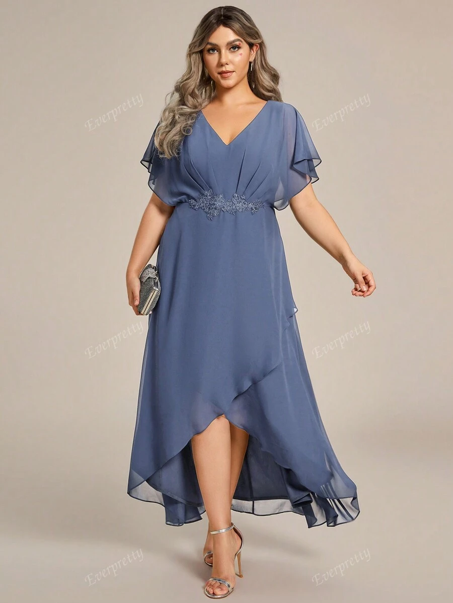 EVER-PRETTY Plus Elegant Embroidery Applique Decor Wrap Split Hem Cocktail Dresses, Party Dress, Wedding Guest Dress