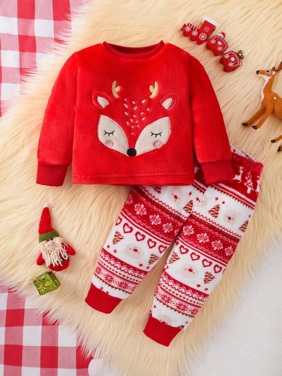 Ensemble bébé fille pull en fourrure brodé de cerfs et pantalon; Top de Noël avec renne, pantalon sapin de Noël; Top rouge; tenue de Noël