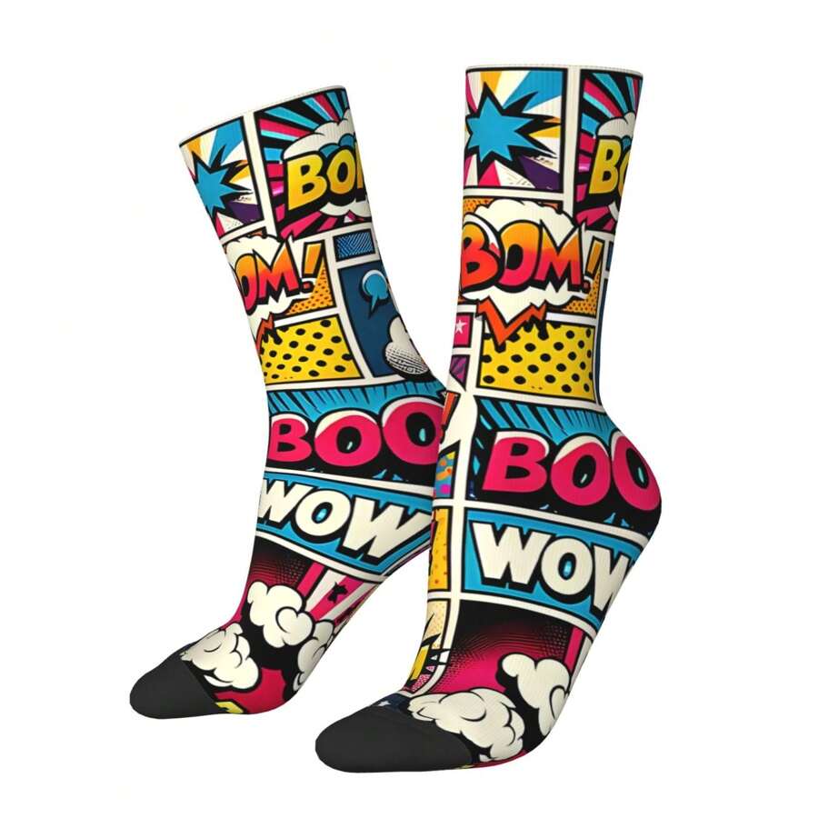 1 par de calcetines de compresión tipo comic book vintage y estampado 'bang' estilo hip hop, locos, unisex, con estampado divertido y novedad, para regalo de chicos Harajuku