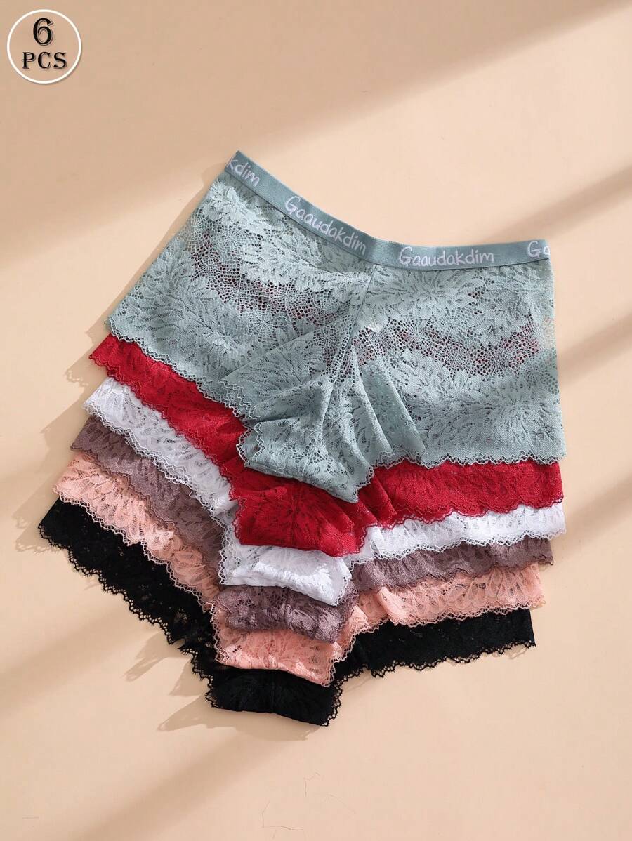 6 Pcs Women Sexy Lace Boxer Shorts Letter Tape Seamless Panties, Comfortable And Breathable Underwear Lingerie