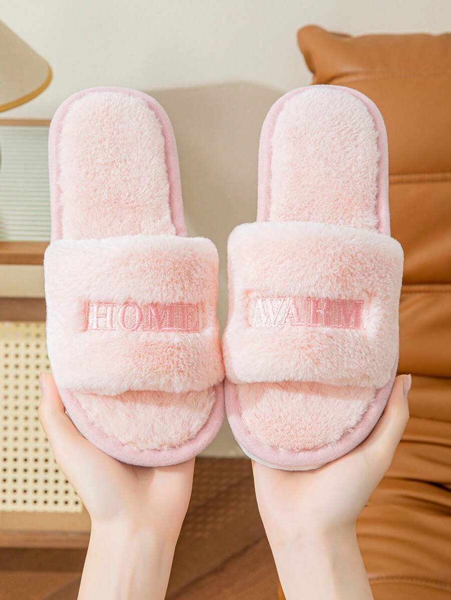 Chinelos macios e felpudos com bordado da letra H para uso doméstico, para mulheres, na cor bege/rosa, design fino e minimalista, adequados para primavera, verão, outono e inverno
