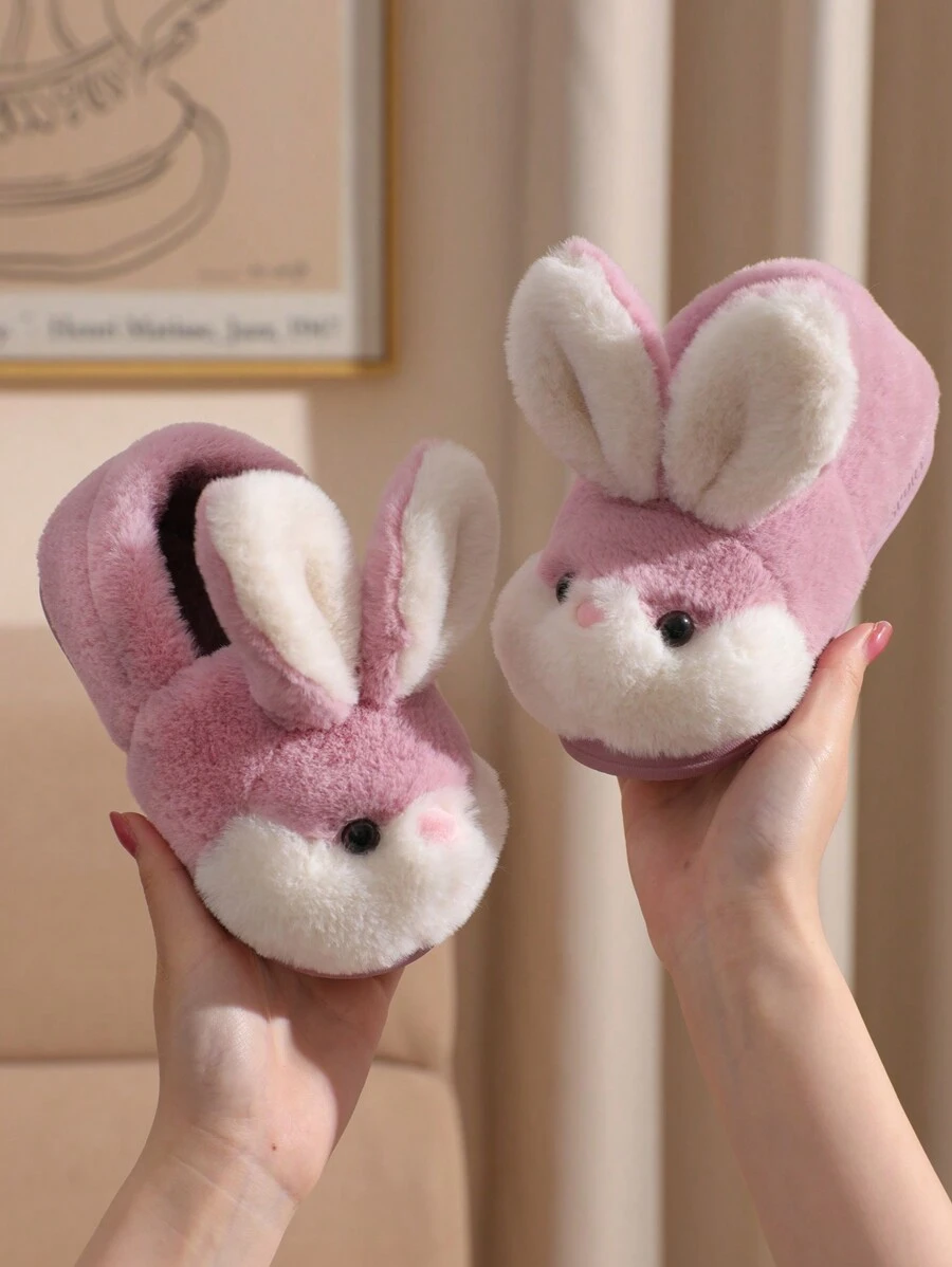1 par Pantuflas moradas con diseño lindo de conejo para niños, zapatos de casa antideslizantes y cálidos para interiores para niñas, invierno