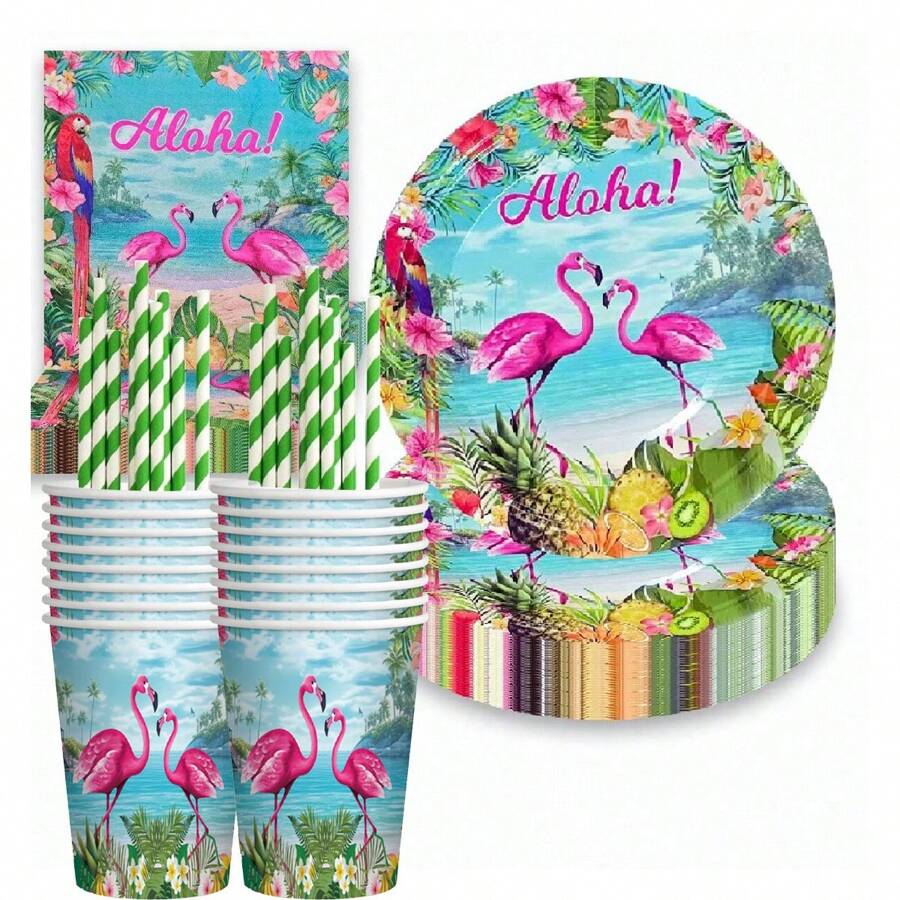 80pcs Flamingo Beach Party Supplies, Summer Theme Birthday Decoration Set For Home Party, Including 20pcs 7-Inch Paper Plates, 20pcs Paper Straws, 20pcs Napkins, 20pcs Paper Cups,Christmas