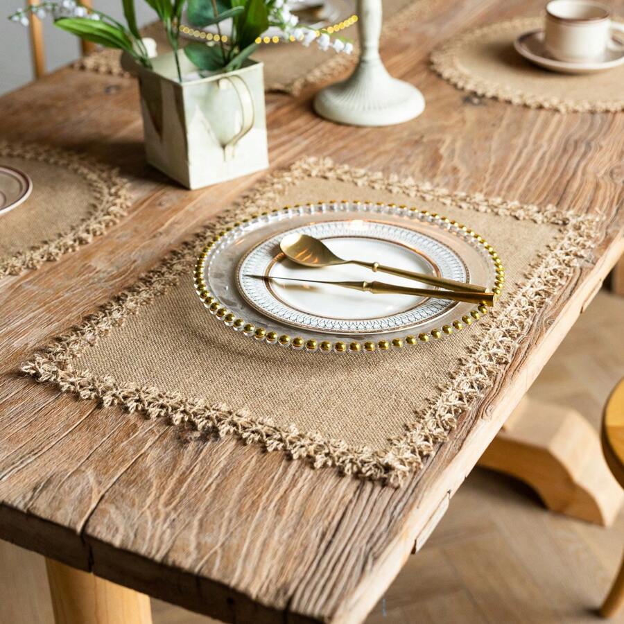 4/6pcs, Boho Chic Jute Placemats - Natural Woven Dining Mats With Tassels, Vintage-Inspired Square & Round Design For Holiday Table Decor