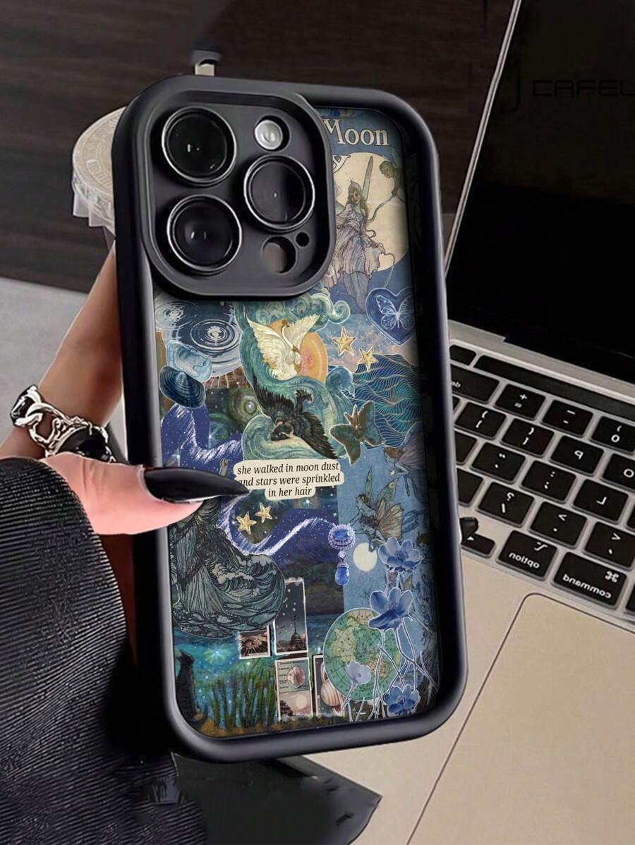 1 pieza Funda de teléfono anti-caída gruesa con diseño de pintura al óleo de collage de estrellas y pájaros compatible con iPhone 11, 12, 13, 14, 11 Pro Max, 12 Pro Max, 13 Pro Max, 14 Pro Max, XR, 15, 15 Pro, 15 Pro Max, y Samsung Galaxy A05, A15, A25, A35, A55, S23, S24