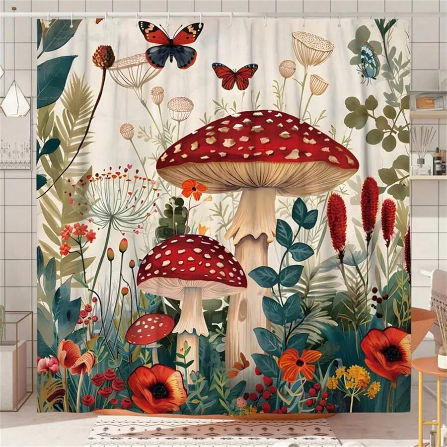 Rustic Farmhouse Shower Curtain - Waterproof Polyester, Mushroom & Wildflower Design With 12 Hooks, Machine Washable, Red & Green Botanical Bath Decor, 71X71 Inches Shower Curtain Sets For Bathrooms Shower Curtain For Bathrooms Home Bathroom Decor Fall Decor Bathroom Accessories Back To School