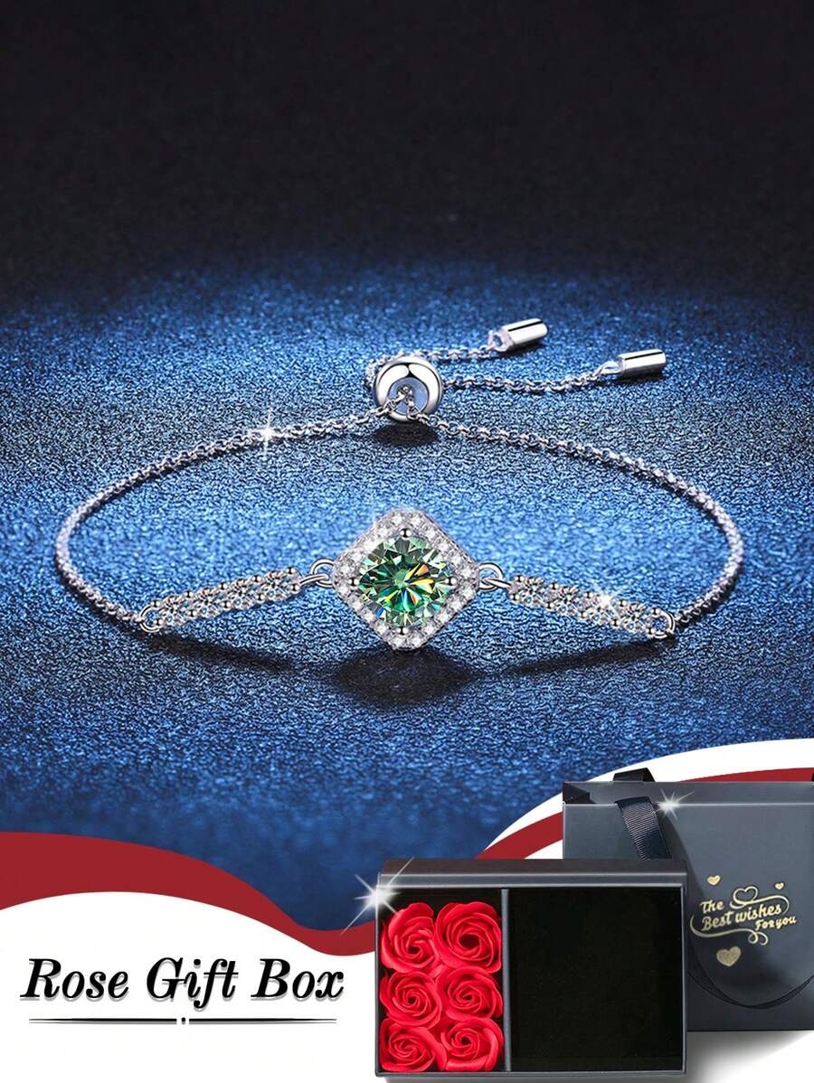 1 pièce Bracelet en argent sterling 925 élégant et luxueux avec moissanite de 1 carat, convenant pour un port quotidien, une fête, un jour férié, la Saint-Valentin - Boîte-cadeau décorative en forme de rose