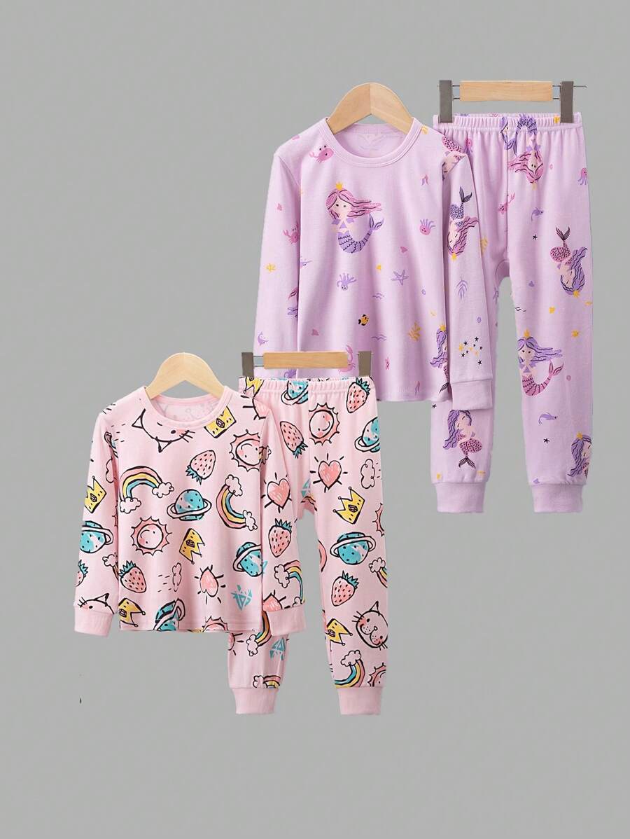 4pcs Young Girls Cartoon Cat Printed Long Sleeve Pajamas Set, Long Pants Sleepwear Mermaid & Rainbow Print