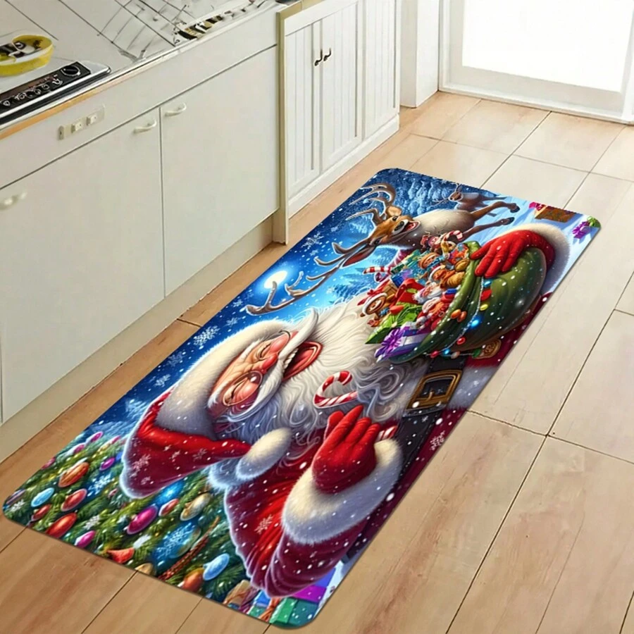 1pc Thickened 0.47 Inch/1.2cm Merry Christmas Kitchen Mat,Festive Santa Design, Non-Slip, Machine Washable, Perfect For Kitchen, Bathroom, Bedroom, And More - Rectangle Rug,Christmas Decor