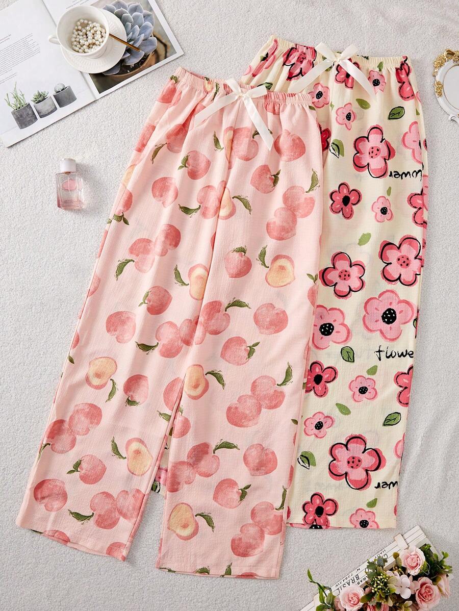 2 piezas Conjunto de pantalones casuales de verano con estampado floral para mujeres