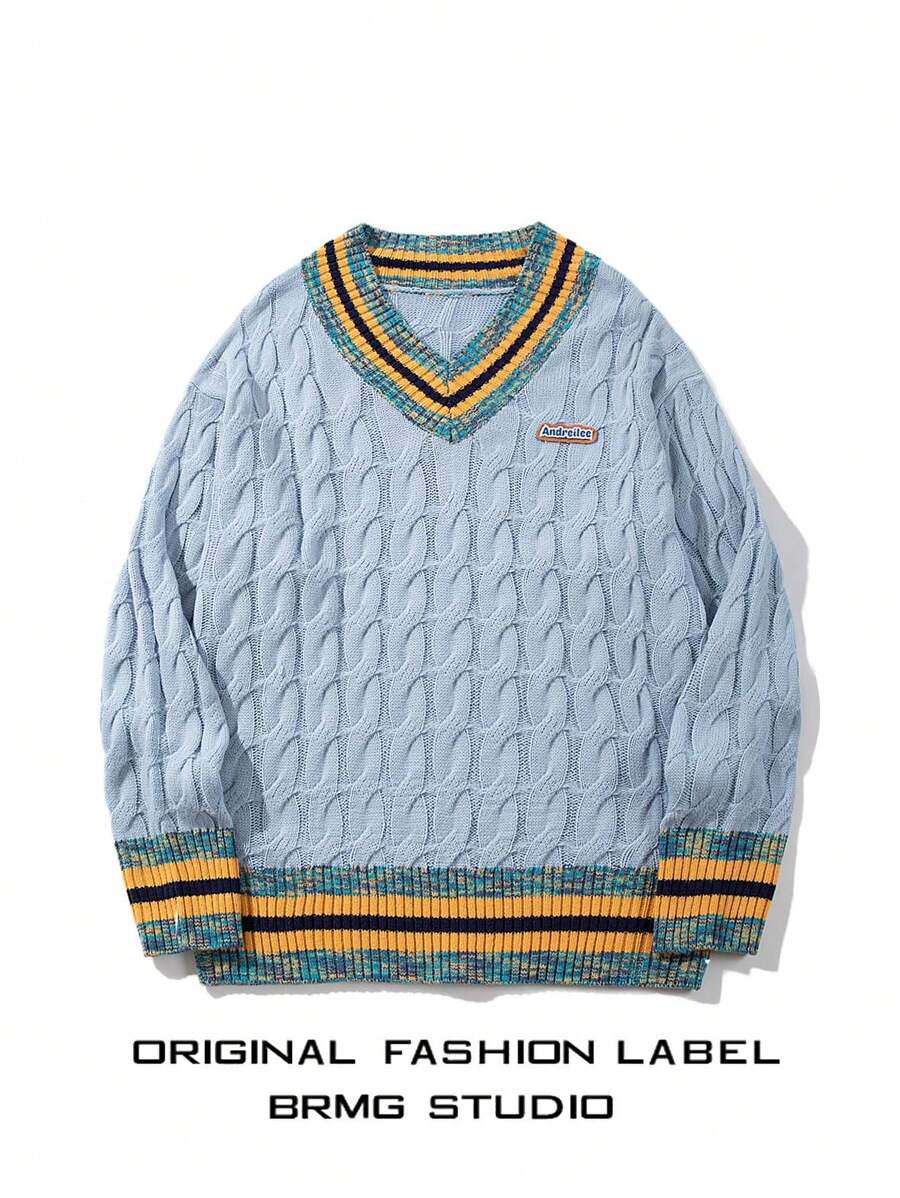 Toamnă Iarnă Nou Unisex Lejer, Casual, Stilul Colegiu, tiv, Blocare de culoare, Coardă răsucită în dungi, Trim pentru unghii, rever cu umăr căzut, Pulover cu mânecă lungă