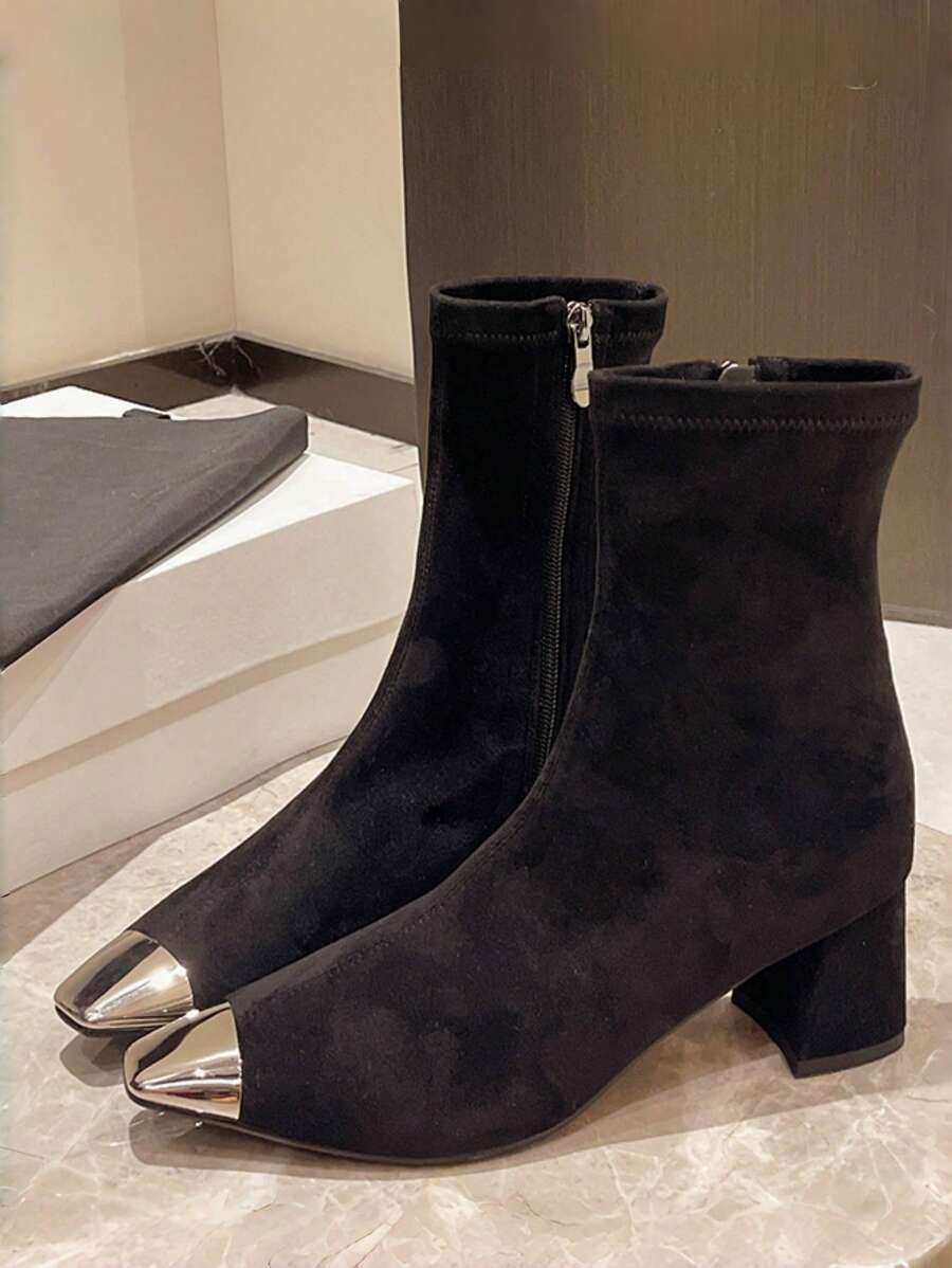 2024 Autumn & Winter New Design Thick Heel Short Boots For Women, Suede Material, Metal Toe, Elastic Slim Fit High Heels