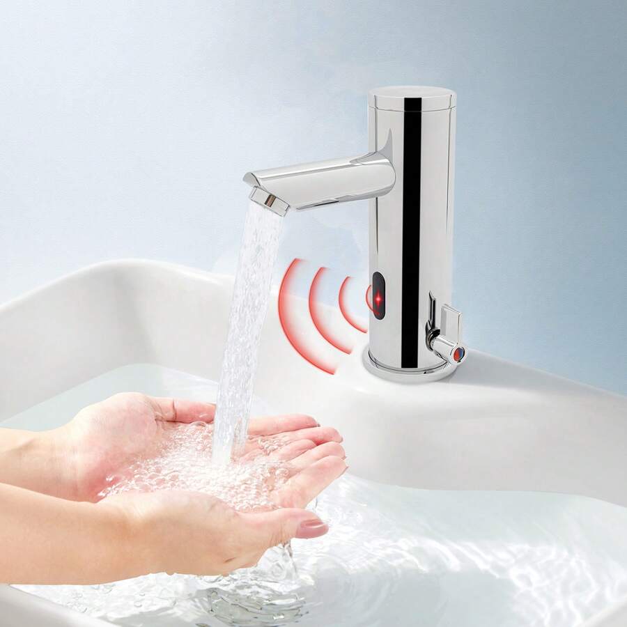 Infrarot Sensor Wasserhahn Silber Waschtischarmatur Badarmatur Waschbecken Armatur Mischbatterie für Badezimmer
