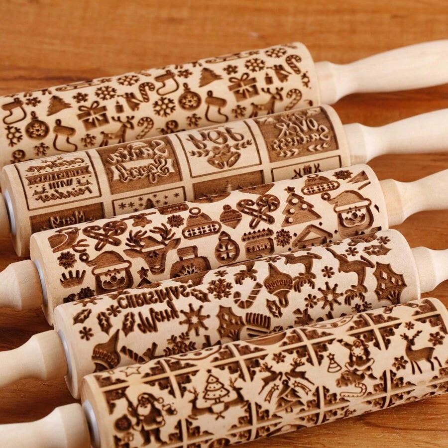 1pc Wooden Christmas Embossed Rolling Pin, Christmas Deer, Snowflakes, Snowman, Xmas Bells, Canes, Ice Boots Pattern Xmas Cookie Mold For Baking Tools Christmas Decorations Christmas Decor Christmas Gifts Christmas Party Supplies