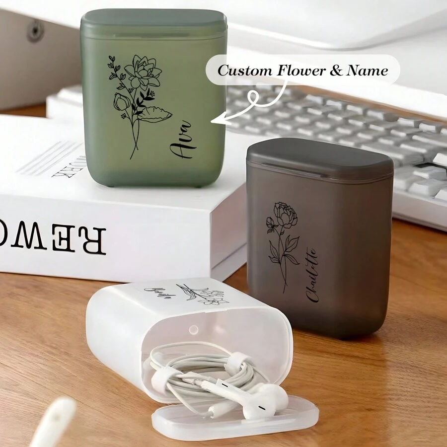 1 Personalized Custom Birthday Flower And Name Cable Management Box With Lid, Suitable For Portable Headphones, Chargers, USB Data And Charging Cables