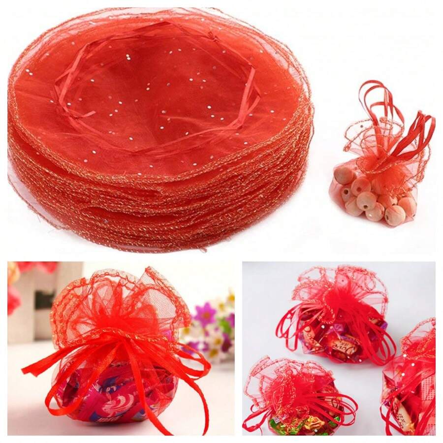 50/100pcs Organza Round Gift Bags, 26cm Diameter, Flower Shaped After Tied, Suitable For Christmas Gift Packaging, Halloween Candy Bags, Wedding Party Favors, Jewelry Packaging, Drawstring Design For Easy Use. 100pcs White Organza Gift Bags, 26cm Diameter, Flower Shaped After Tied Only Selling The Packaging Bags, Not Including Other Products In The Photo, The Photo Is The Actual Product Shot, Handmade With Minor Size Variations, Christmas