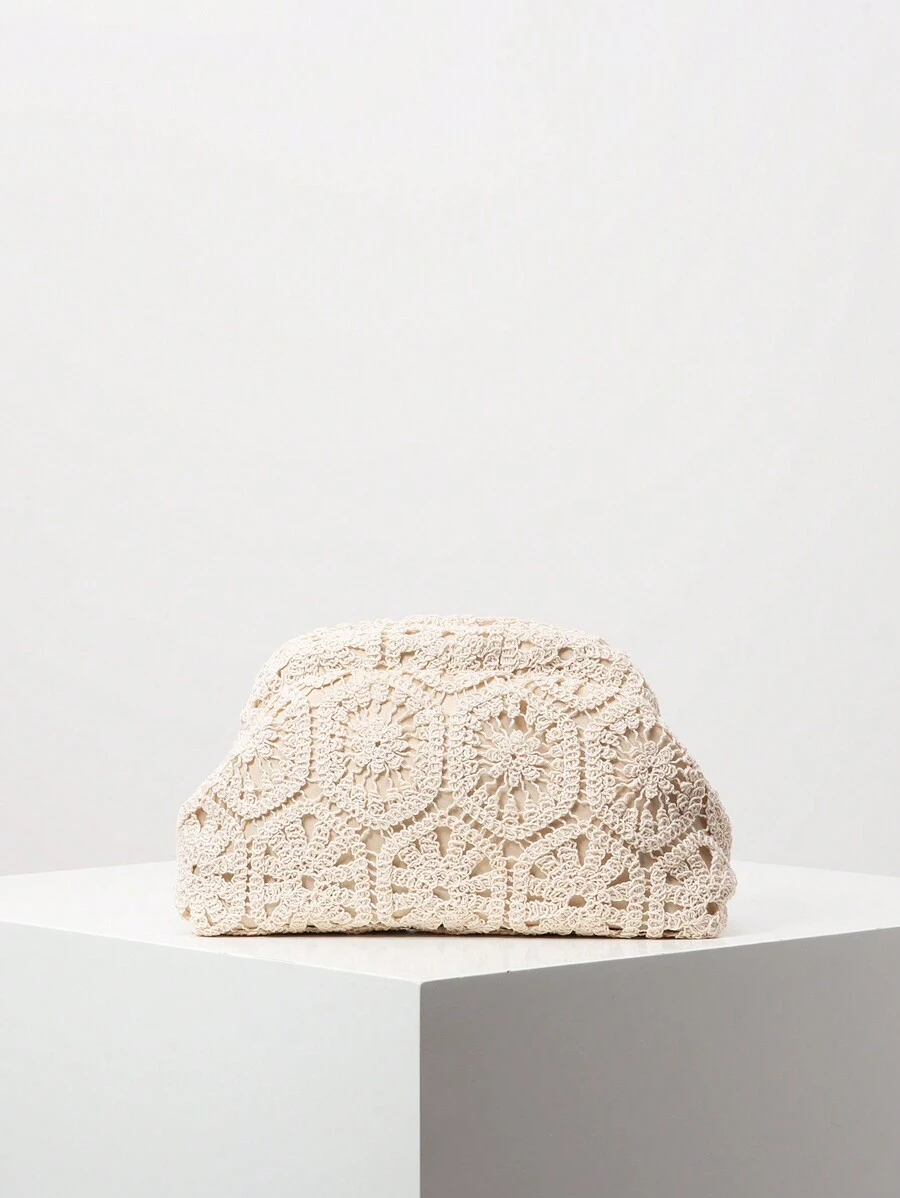 Bolso de mano tejido con diseño floral hueco, embrague minimalista y versátil, bolso de clip bohemio, bolso casual de vacaciones, bolso de maquillaje para fiestas, bolso de playa (patrón aleatorio)