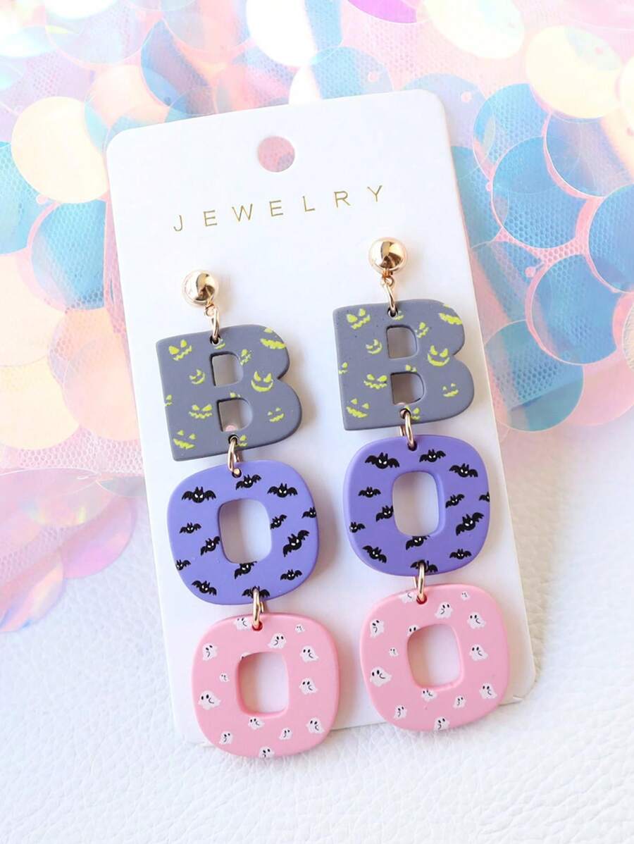 1 Pair Halloween Faux Clay Acrylic Bicolor Boo Earrings, Cute Ghost, Bat, Spooky Face Prints, Fun Party Earrings, Holiday Gift Jewelry