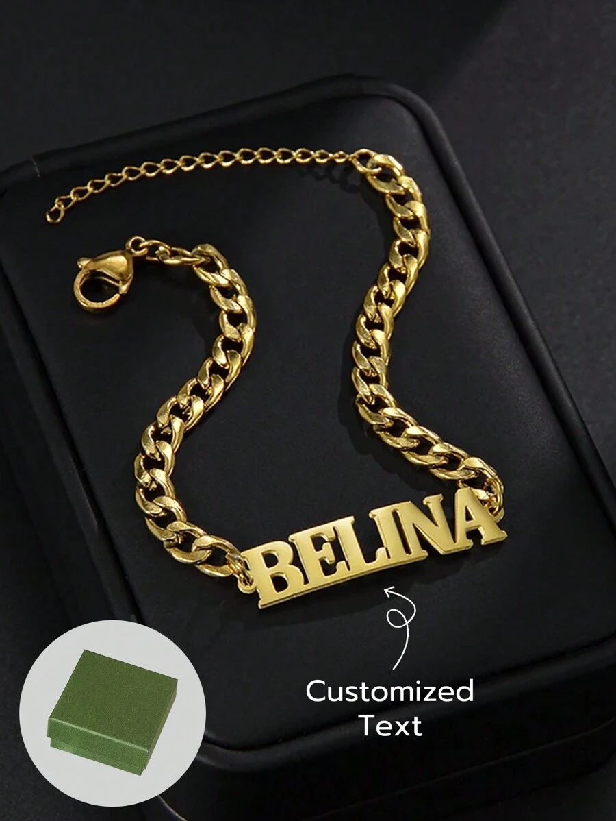 1pc High-End Men's Customized Text Bracelet, With Multiple Fonts To Choose From, 18k Gold Plated Stainless Steel Bracelet, Including Exquisite High-End Gift Box, Daily Wear, Commemorative Significance, Giving To Friends, Relatives, Family, Couples, Holiday Gifts