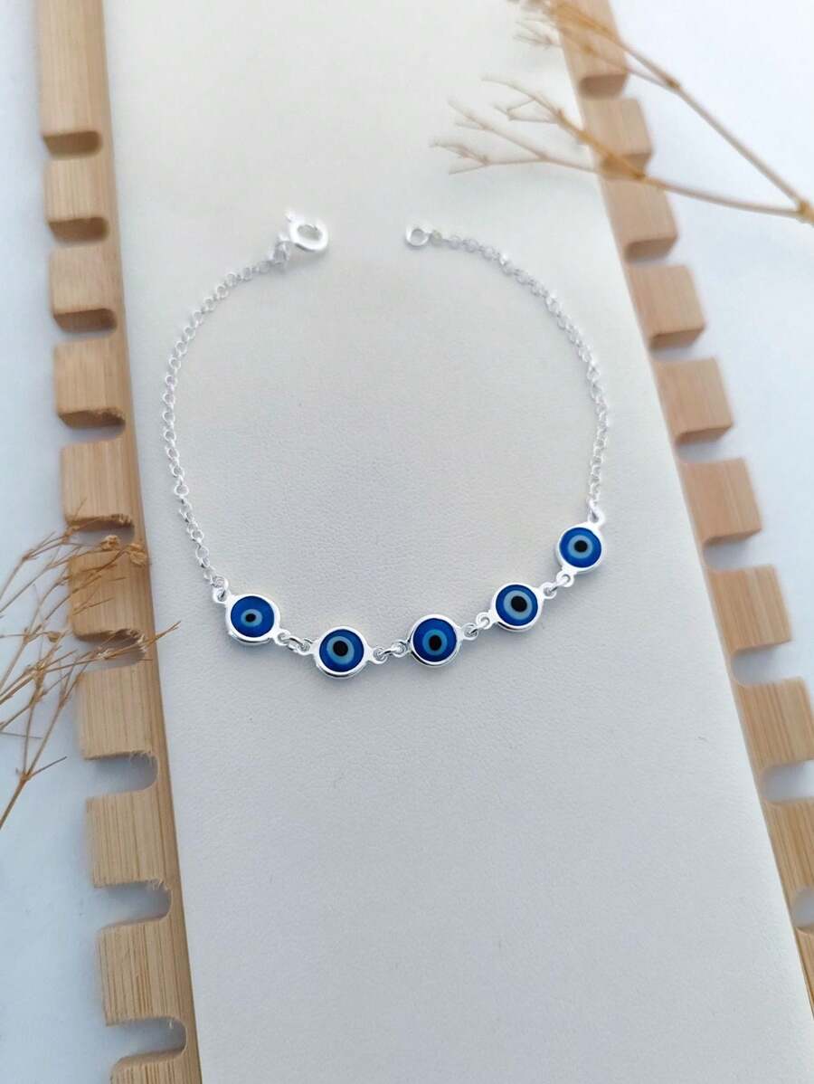 Pulseira Prata 925 Legítima Olho Grego Azul Escuro