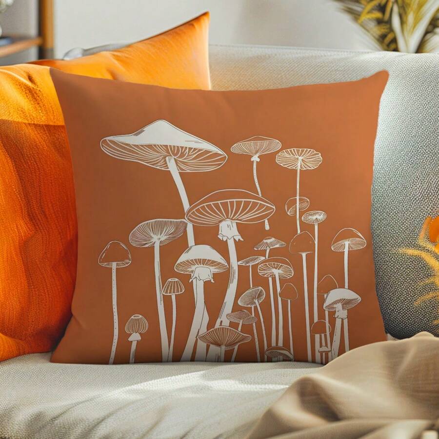 1pc effen oranje paddenstoelpatroon sierkussenhoes, enkelzijdig bedrukt koraalfleece materiaal, 45*45cm/18*18inch kussenhoes geschikt voor moderne inrichting, woonkamer, geschenken