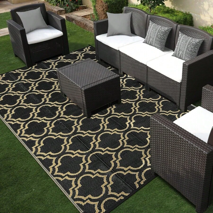 Outdoor Plastic Straw Rug For Patio Waterproof, 8x10 Large Reversible Portable Outside Porch Rugs Carpet For Camping Picnic Mat, RV, Backyard, Balcony, Deck, Black & Beige