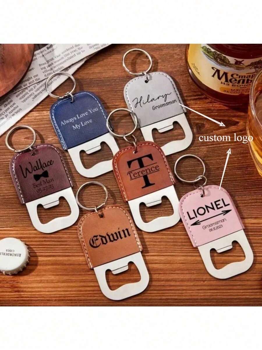 Customized Logo Pu Leather Stainless Steel Keychain Laser Engraved Beers Bottle Opener Key Chains Vintage Retro Keyring Gifts