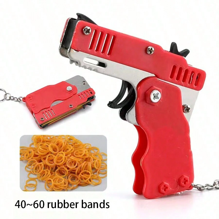 Metal Burst Rubber Band Toy - Mini Folding Launcher Toy With Keychain And 60pcs Rubber Bands, Safe Portable Shooting Toy For Indoor Outdoor Activities Game, Gift For Adults,Toys,Fidget Toys,Games