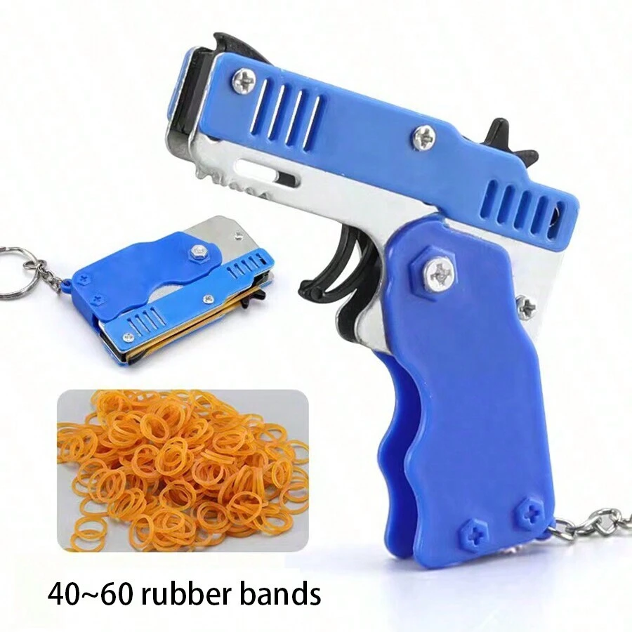 Metal Burst Rubber Band Toy - Mini Folding Launcher Toy With Keychain And 60pcs Rubber Bands, Safe Portable Shooting Toy For Indoor Outdoor Activities Game, Gift For Adults,Squishy Toy,Teenagers,Gifts For Teenagers
