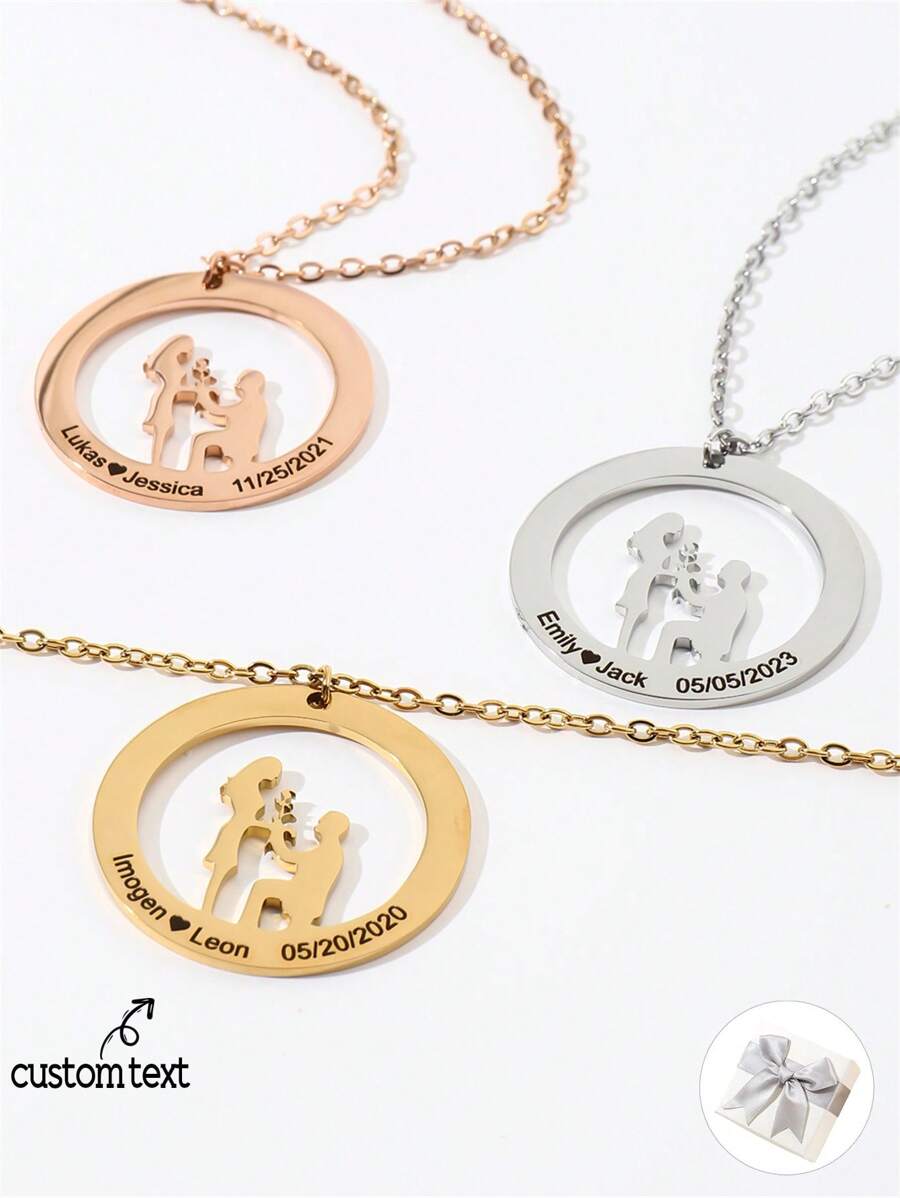 1pc Customized Engraved Name Couples Necklace, Personalized Text Proposal Necklace, Anniversary Date Necklace Gift For Girlfriend, Memorial Gift For Her, Anniversary Gift, Gift For Wife, Wedding Gift, Christmas Gift, Party Gift