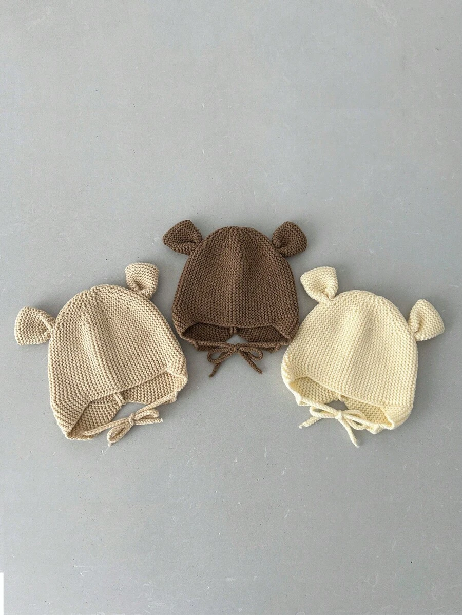 1 Peça Boné de Bebê Fofo de Urso, Touca de Tricô Quente com Laço na Parte Superior, Primavera e Outono, para Recém-Nascidos Meninos e Meninas