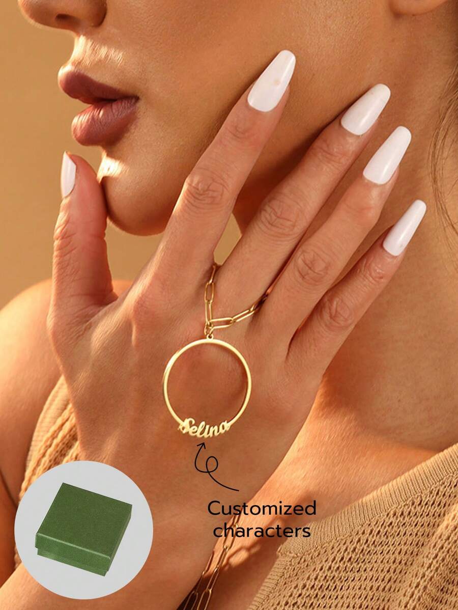 1 Pc Circle Name Necklace, Personalized DIY English Letter Jewelry, Stainless Steel Gold-Plated Large Chain, Fashionable And Atmospheric Women's Necklace-Gold