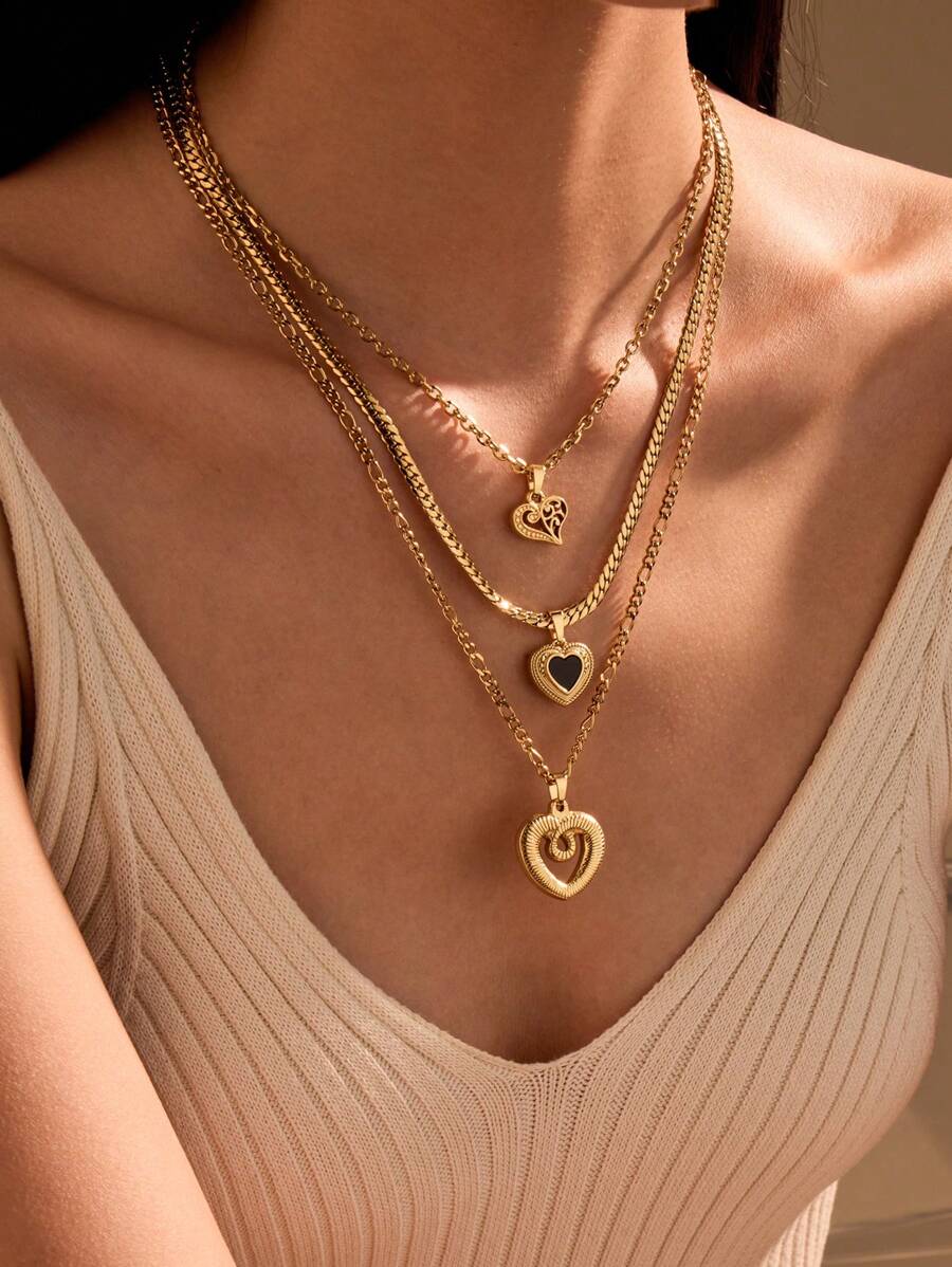 3pcs Stainless Steel Golden Yellow, Fashionable And Simple, Black Oil Drop Love, Hollow Love, Love Corner Necklace Set, Suitable For Daily Wear Or Gift Giving Valentines,Mom,Mother,Mother's Day,Gift