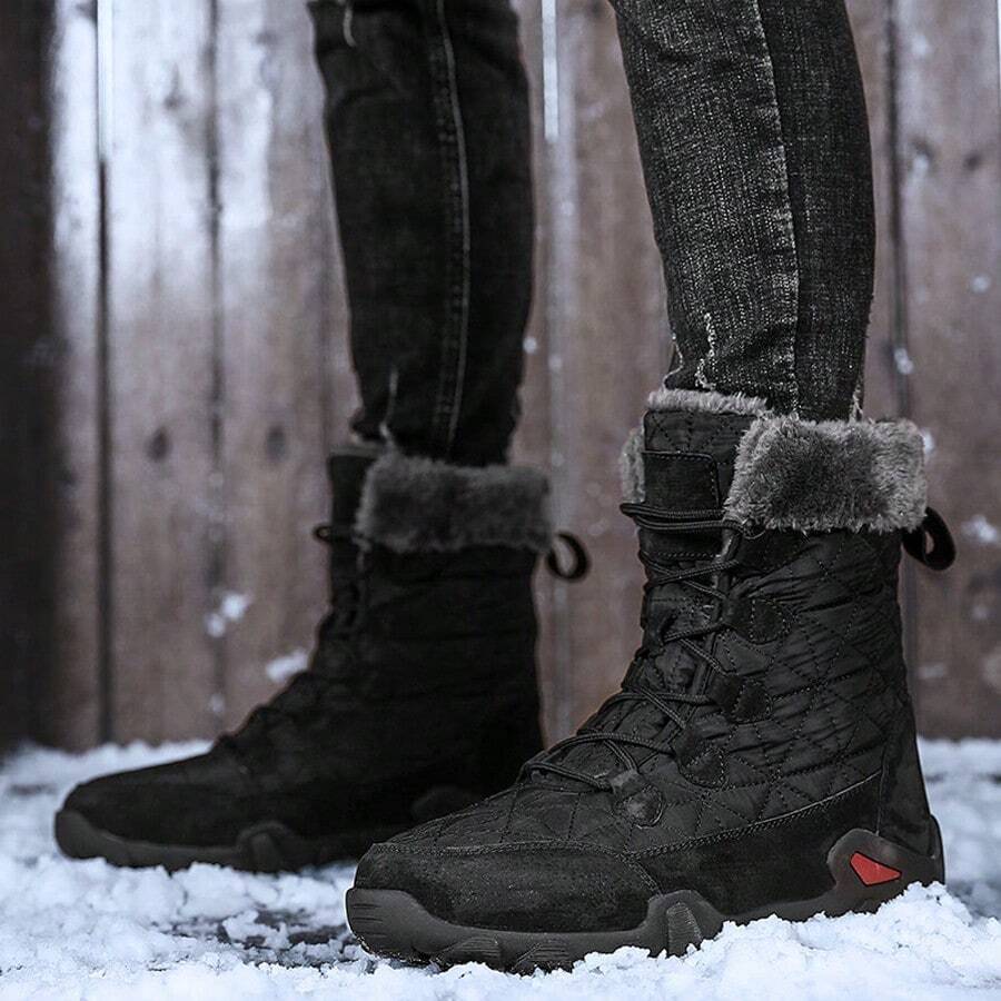 Men's Outdoor Snow Boots, Thermal Lined Warm Winter Shoes, Casual Soft Comfortable Leather Boots, Black