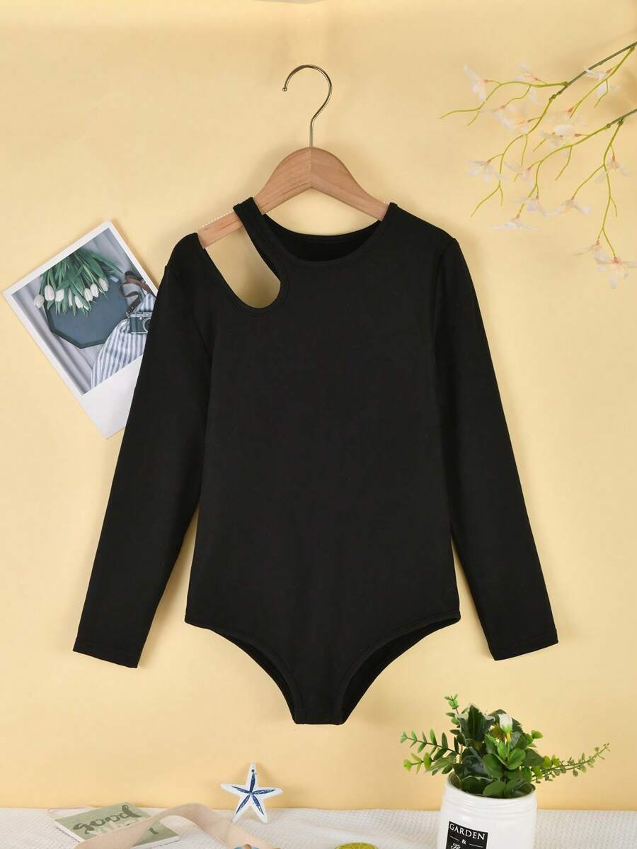 Mono de manga larga con cuello redondo de unicolor y elástico para niña preadolescente