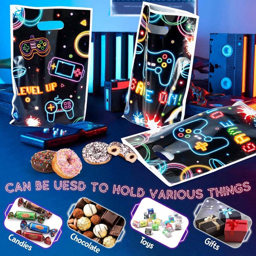 10/30/50pcs Gaming Theme Party Gift Bags, Neon Light Party Favor Bags, Candy Treat Bags, Gaming Theme Party Decoration Bags, Birthday Snack Bags, Best Choice For Birthday Party Tabletop Decorations