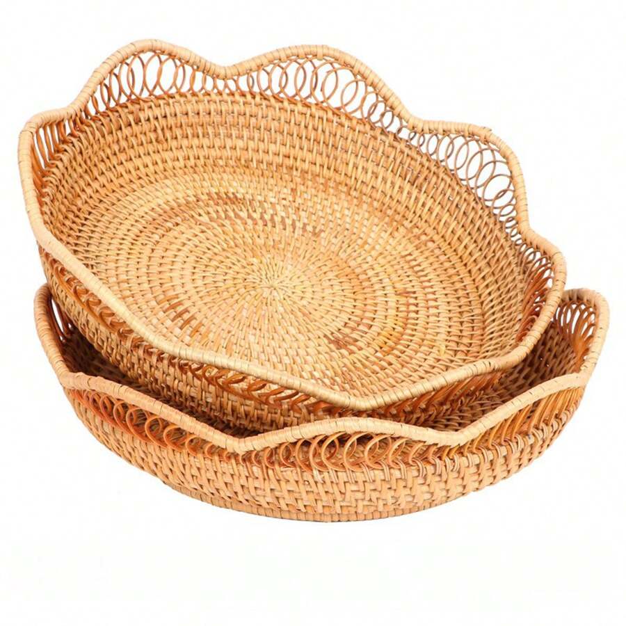1pc 8.6/11.8 Inch Woven Rattan Wavy Hollow Floral Edge Fruit Basket/Snack Tray, Creative Storage Basket