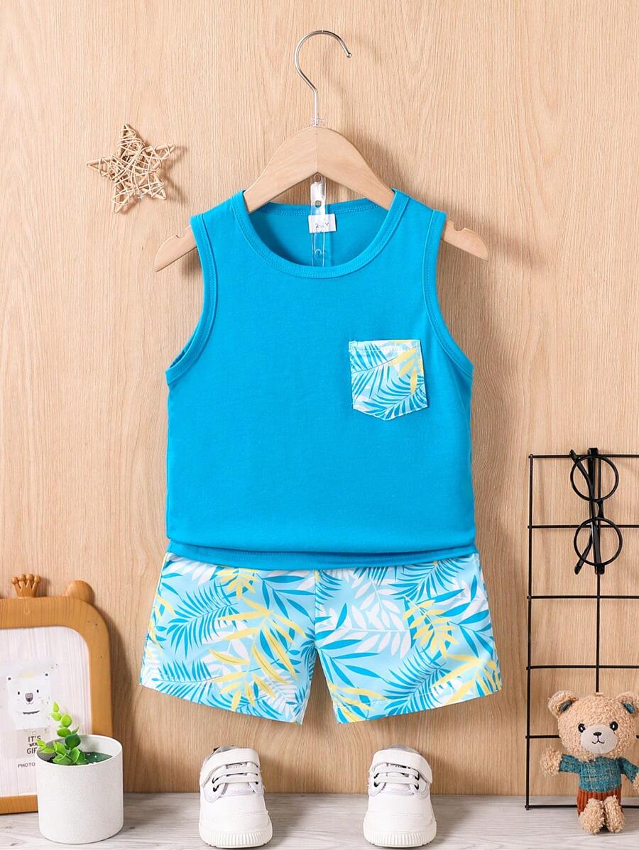2pcs Young Boy Casual Leaf Print Round Neck Vest And Shorts Set