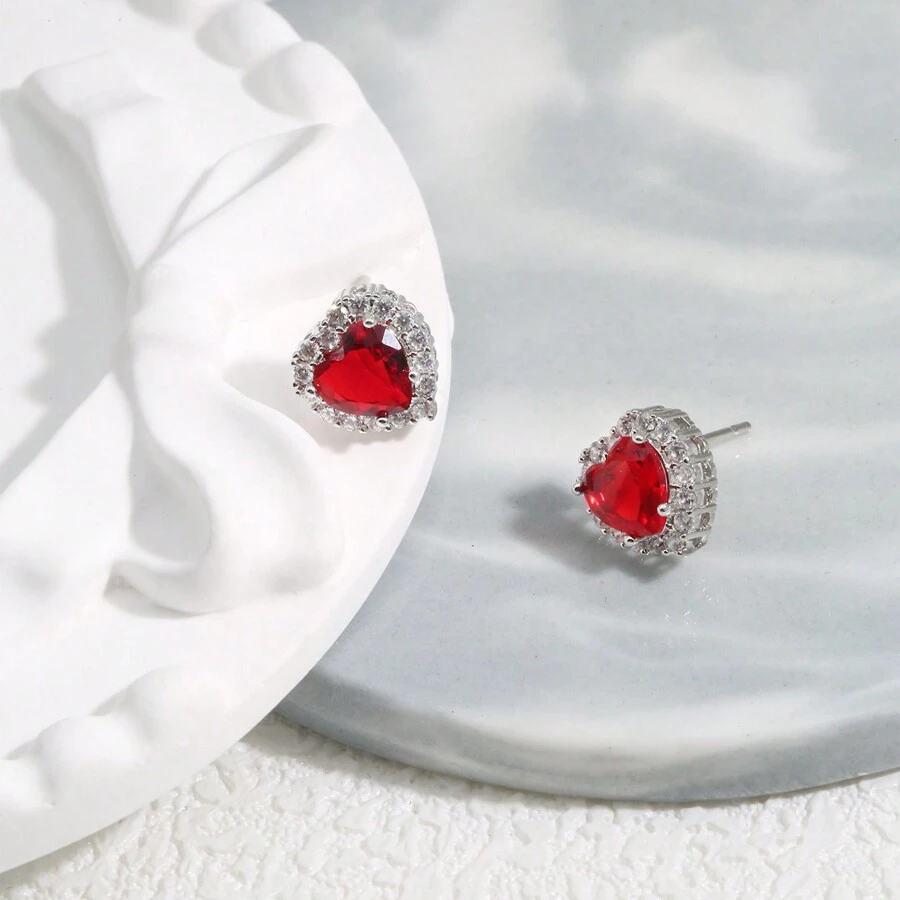 1 Pair Cubic Zirconia Heart-Shaped Stud Earrings In Red, Black And White, Luxury Fashion, Minimal Design For Daily Wear, Jewelry Gift For Women Valentines,Mom,Mother,Mother's Day,Gift