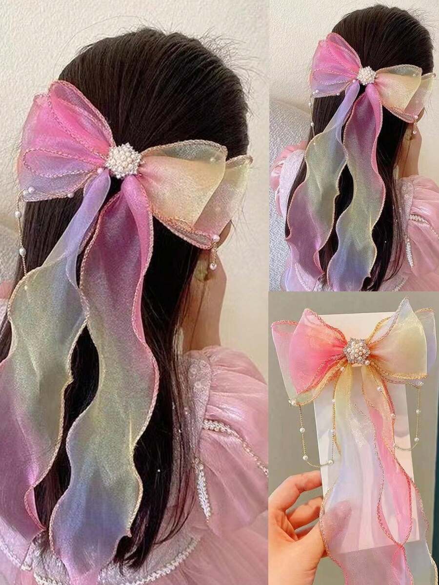 1 Stück Haarspange mit Schleife aus Chiffon und Strass für Kinder, Haarschmuck für Mädchen zur Party