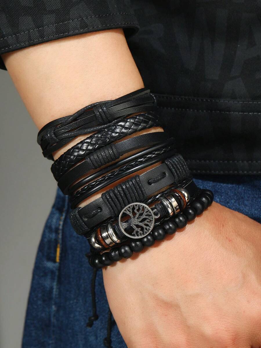 Set de 6 brazaletes trenzados con cuentas y diseño de árbol de la vida de PU vintage para hombre, adecuado para uso diario