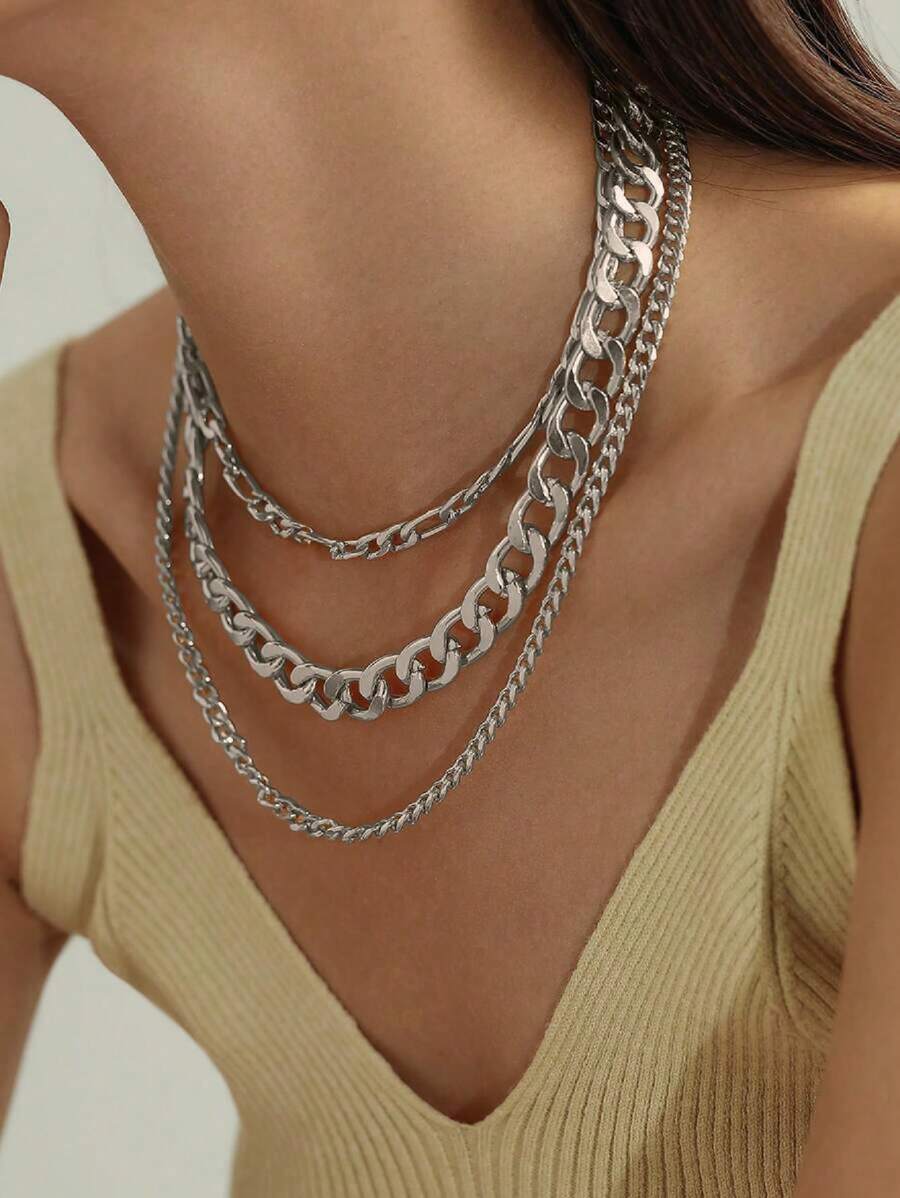 3pcs/Set Punk Style Silver Chunky Chain Necklaces For Women, Multi-Layer Choker Necklace Suitable For Daily Wear